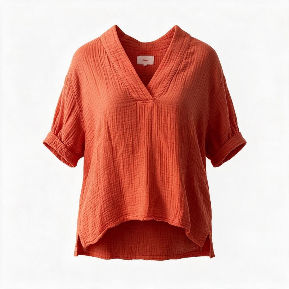 Xirena Avery Size M Paprika Cotton Gauze V-Neck Short Sleeve Top